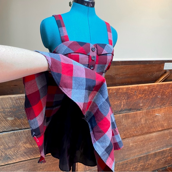 XX1 Punky Y2K Plaid Flannel Skater Dress w/ Full Skirt & Lolita Bow & Fall Vibes - Picture 4 of 10